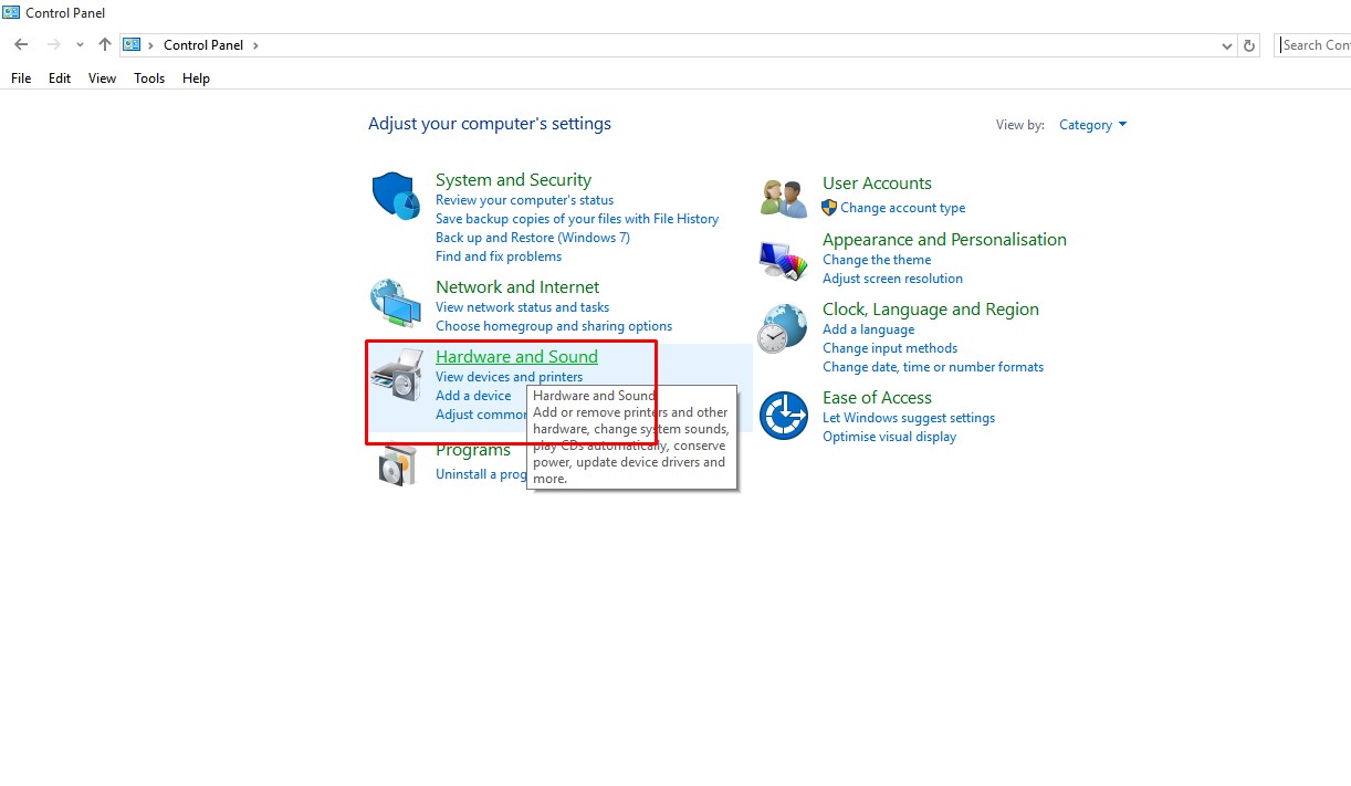 Click on the Hardware and Sound option