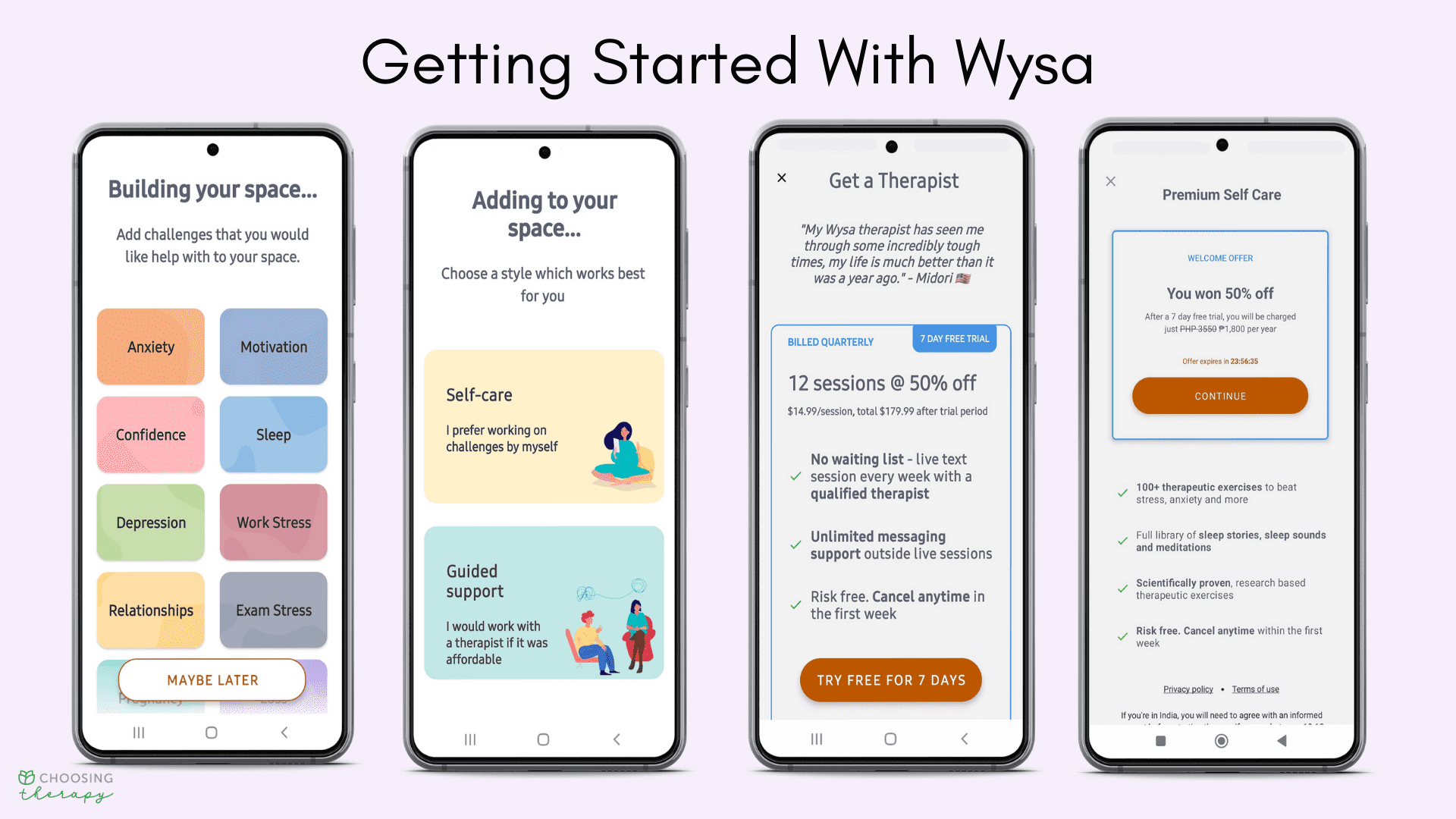 Wysa App Review 2022 - Image of setup screens from Wysa app, cost for therapist and self care plans.png